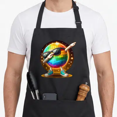 Tablier de cuisine noir avec une boule disco colorée portant des lunettes de soleil et faisant un dab.