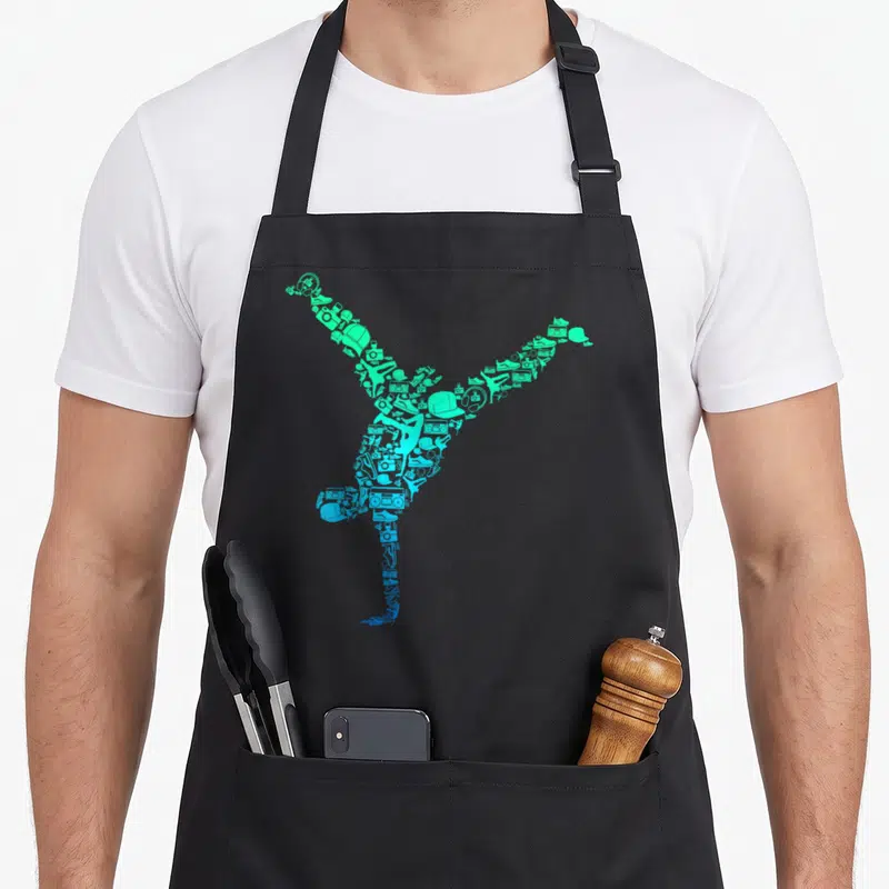 Tablier de cuisine noir avec silhouette breakdancer cyan composée d'objets culture urbaine et accessoires musicaux vintage.