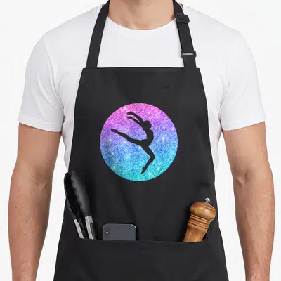 Tablier de cuisine noir avec silhouette de danseuse grise sur cercle pailleté dégradé rose violet et bleu cyan