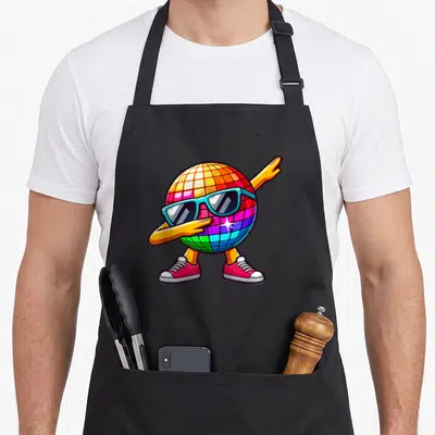 Tablier de cuisine noir avec une boule de disco 70s aux lunettes bleues effectuant un dab sur fond gris uni.
