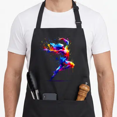 Tablier de cuisine noir avec une danseuse abstraite aux éclats de peinture multicolores et dynamiques.