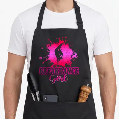 Tablier de cuisine noir avec silhouette rose breakdance girl et éclaboussure artistique sur le devant.
