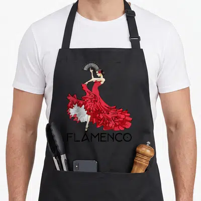 Tablier de cuisine noir avec une illustration d'une danseuse de flamenco en robe rouge et le texte FLAMENCO en dessous.