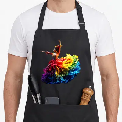 Tablier de cuisine noir avec une danseuse de flamenco en robe arc-en-ciel aux couleurs vives et au corsage orné.