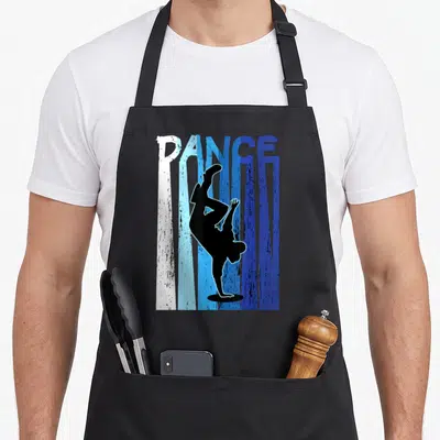 Tablier de cuisine noir avec silhouette B-Boy breakdance sur fond texturé blanc et bleu dégradé.