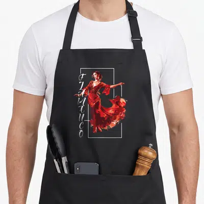 Tablier de cuisine noir avec une illustration d'une danseuse de flamenco en robe rouge et le texte FLAMENCO verticalement à gauche.