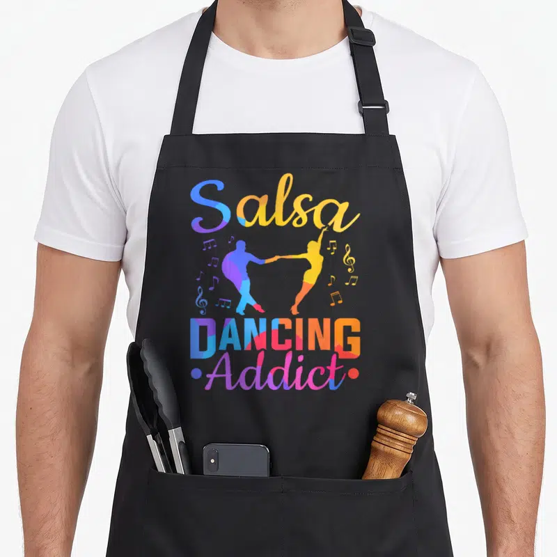 Tablier de cuisine noir avec silhouette de danseurs salsa et texte Salsa Dancing Addict multicolore