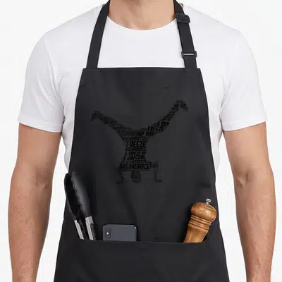 Tablier de cuisine noir avec silhouette de danseur breakdance composée des mots freeze, backspin et b boy en typographie noire.