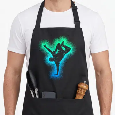 Tablier de cuisine noir avec silhouette de breakdancer en vert et bleu néon.
