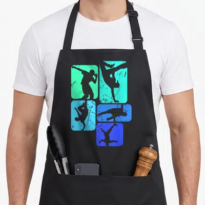 Tablier de cuisine noir avec cinq silhouettes de danseurs breakdance sur fonds rectangulaires turquoise et bleu dégradé.