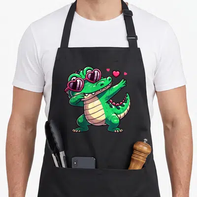 Tablier de cuisine noir avec un crocodile vert en train de faire le dabbing portant des lunettes de soleil en forme de cœur roses.