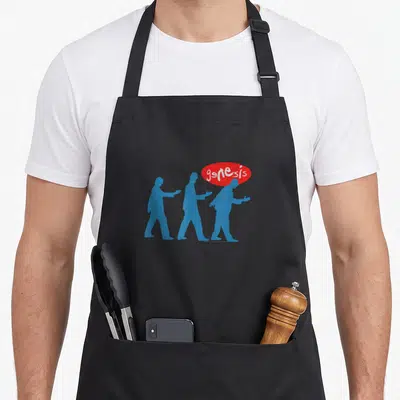 Tablier de cuisine noir avec trois silhouettes bleues marchant et un logo genesis rouge dans une bulle.