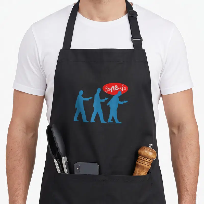 Tablier de cuisine noir avec trois silhouettes bleues marchant et un logo genesis rouge dans une bulle.