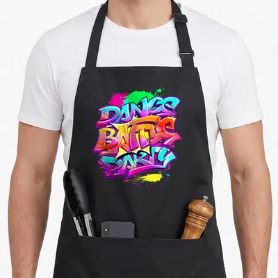 Tablier de cuisine noir avec illustration graffiti multicolore Dance Battle Party et éclaboussures de peinture.