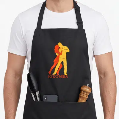 Tablier de cuisine noir avec silhouette couple dansant Kizomba orange et jaune