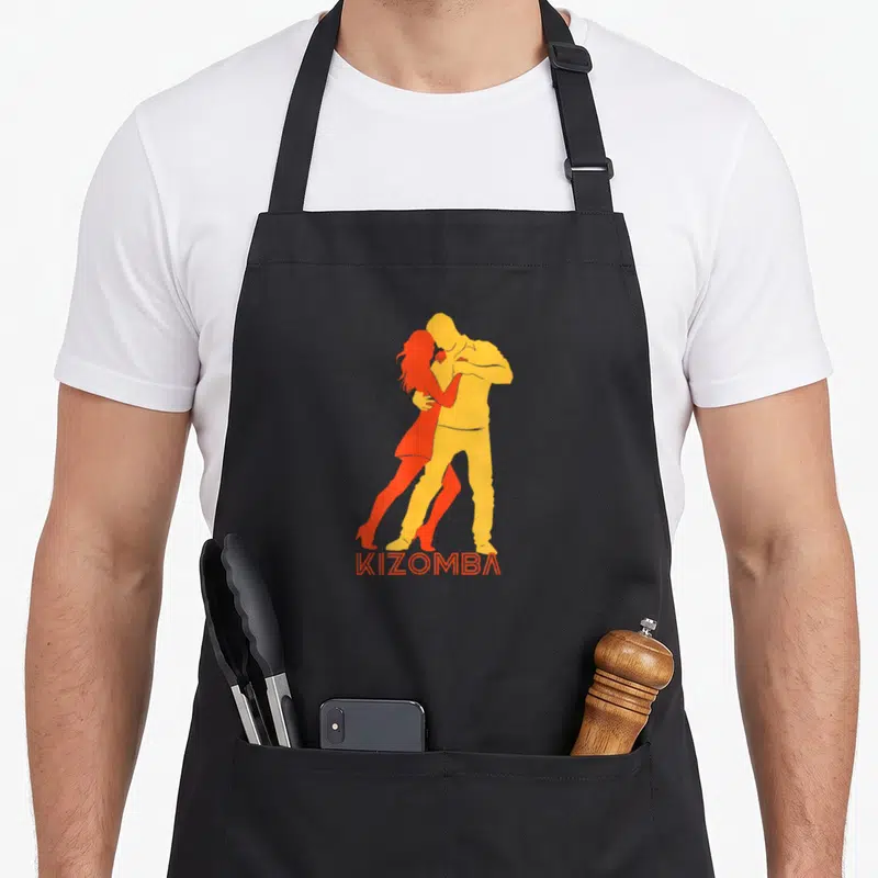 Tablier de cuisine noir avec silhouette couple dansant Kizomba orange et jaune