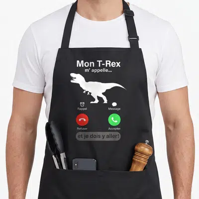 Tablier de cuisine noir avec silhouette blanche de T-Rex et interface de téléphone affichant les boutons accepter et refuser.