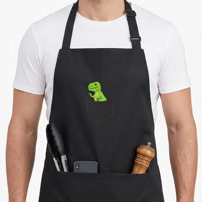 Tablier de cuisine noir avec un dinosaure vert souriant sortant d'une poche dessinée au centre du torse.