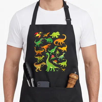 Tablier de cuisine noir avec une illustration regroupant divers dinosaures verts, oranges et jaunes sur fond uni.