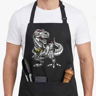 Tablier de cuisine noir avec un Tyrannosaure robot gris, yeux rouges et inscriptions techniques Model T18.