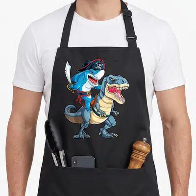 Tablier de cuisine noir avec un requin pirate monté sur un T rex aux dents acérées.