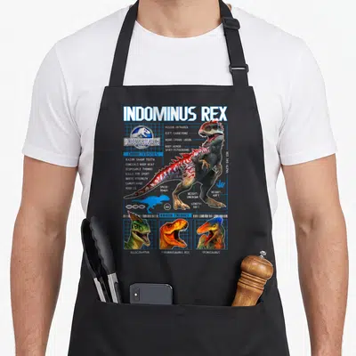 Tablier de cuisine noir avec schéma technique coloré d'un Indominus Rex et ses ennemis sous forme d'illustrations biologiques.