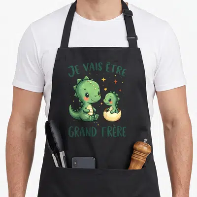 Tablier de cuisine noir avec illustration de deux dinosaures verts et texte Je vais être grand frère.