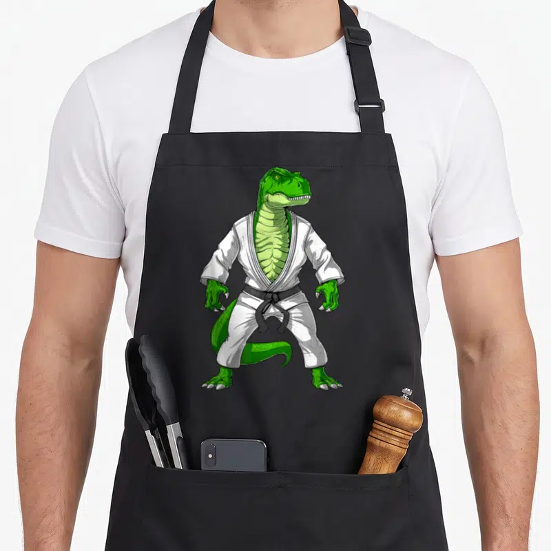 Tablier de cuisine noir avec illustration d'un T-Rex vert en kimono blanc et ceinture noire.