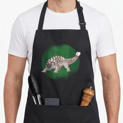 Tablier de cuisine noir avec illustration d'un ankylosaure gris sur fond vert texturé.