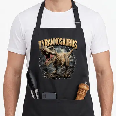 Tablier de cuisine noir avec illustration d'un Tyrannosaurus Rex rugissant et le texte Tyrannosaurus en lettres brunes.