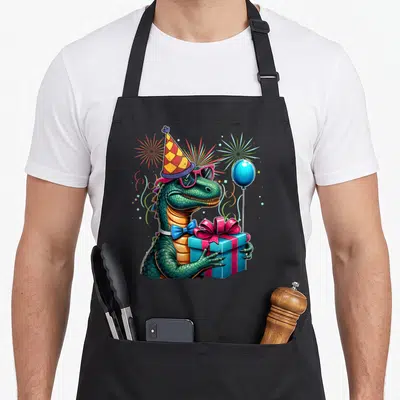 Tablier de cuisine noir avec un dinosaure festif portant un chapeau pointu, des lunettes roses et tenant une boîte cadeau bleue.