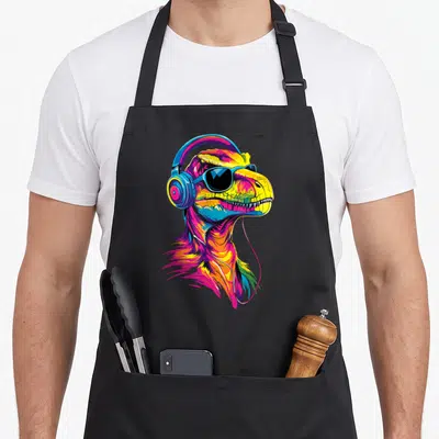 Tablier de cuisine noir avec tête de raptor multicolore portant des écouteurs et des lunettes noires.