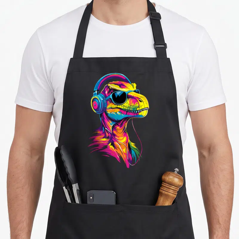 Tablier de cuisine noir avec tête de raptor multicolore portant des écouteurs et des lunettes noires.