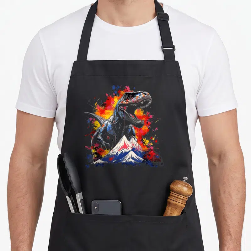 Tablier de cuisine noir avec illustration d'un Tyrannosaure aux éclats de peinture colorés et d'un sommet montagneux enneigé en dessous.