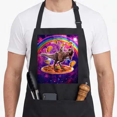 Tablier de cuisine noir avec un dinosaure portant un chat en chapeau mexicain sur une pizza cosmique entourée de tacos et d'un arc-en-ciel.