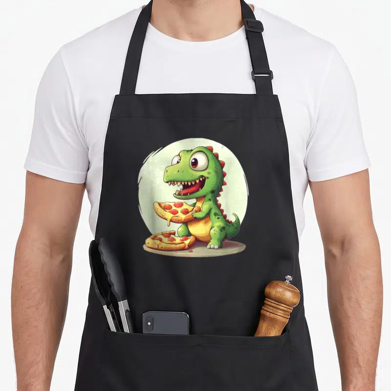 Tablier de cuisine noir avec illustration d'un petit dinosaure vert tenant une part de pizza au pepperoni.