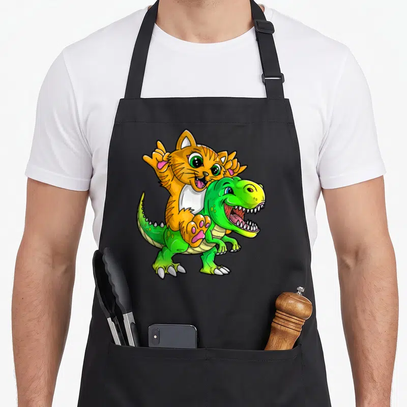 Tablier de cuisine noir avec un chat orange assis sur un dinosaure vert souriant.