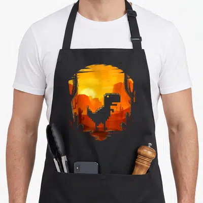 Tablier de cuisine noir avec un T-Rex pixel art dans un décor désertique orange et le texte Pas de connexion Internet.