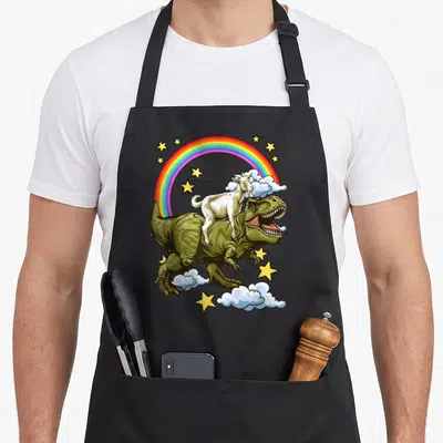 Tablier de cuisine noir avec une chèvre blanche chevauchant un dinosaure vert sous un arc-en-ciel coloré entouré d'étoiles jaunes.