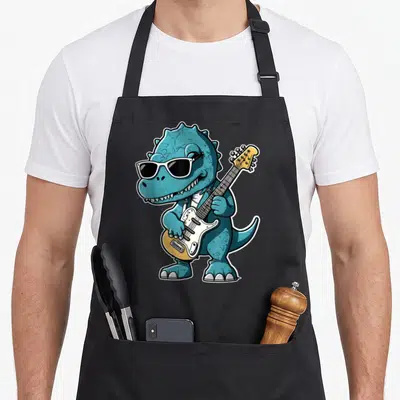 Tablier de cuisine noir avec dinosaure bleutenant des lunettes noires et tenant une guitare électrique jaune et blanche.