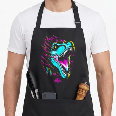 Tablier de cuisine noir avec tête de dinosaure aux couleurs néon cyan, jaune et rose magenta.