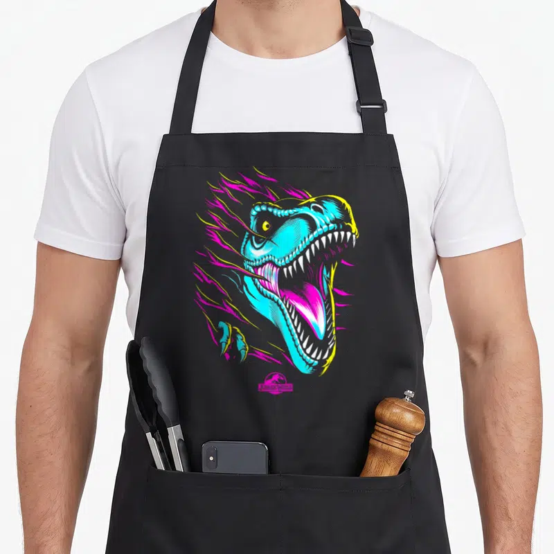 Tablier de cuisine noir avec tête de dinosaure aux couleurs néon cyan, jaune et rose magenta.