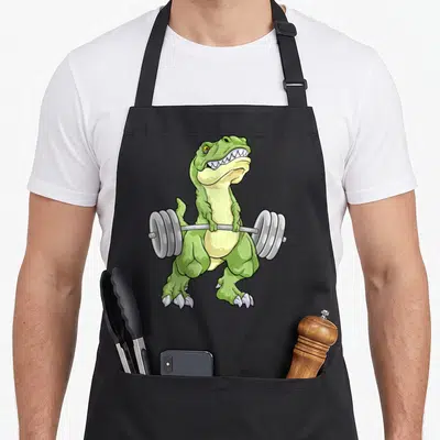 Tablier de cuisine noir avec illustration d'un T-Rex vert soulevant une barre de poids grise.
