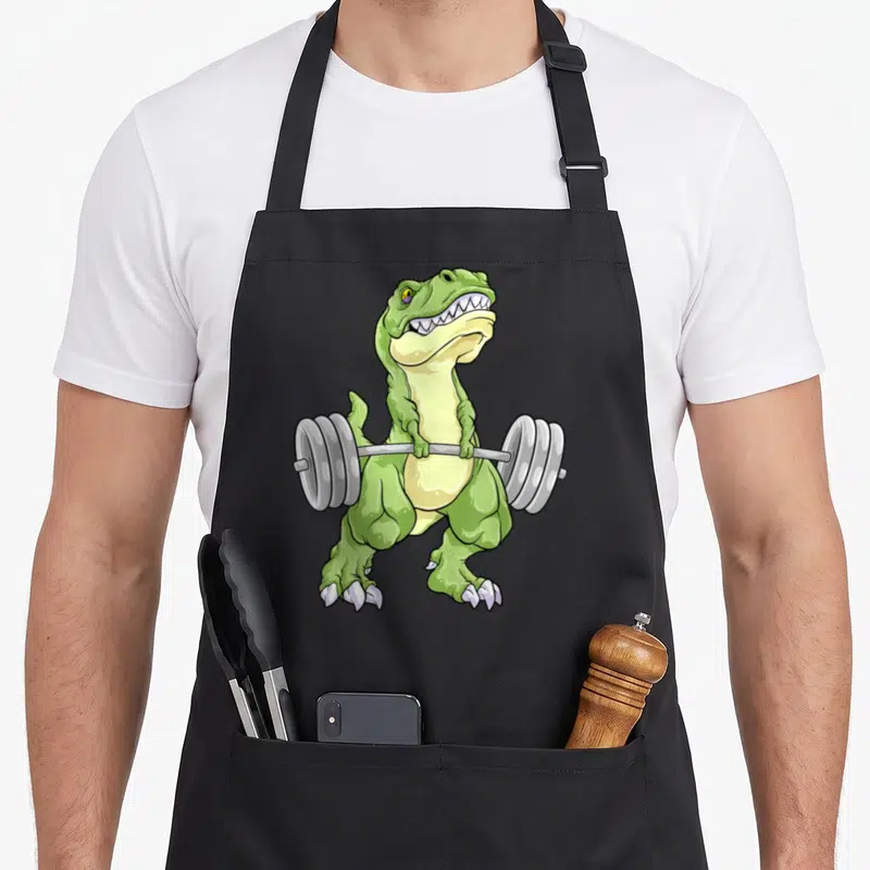 Tablier de cuisine noir avec illustration d'un T-Rex vert soulevant une barre de poids grise.