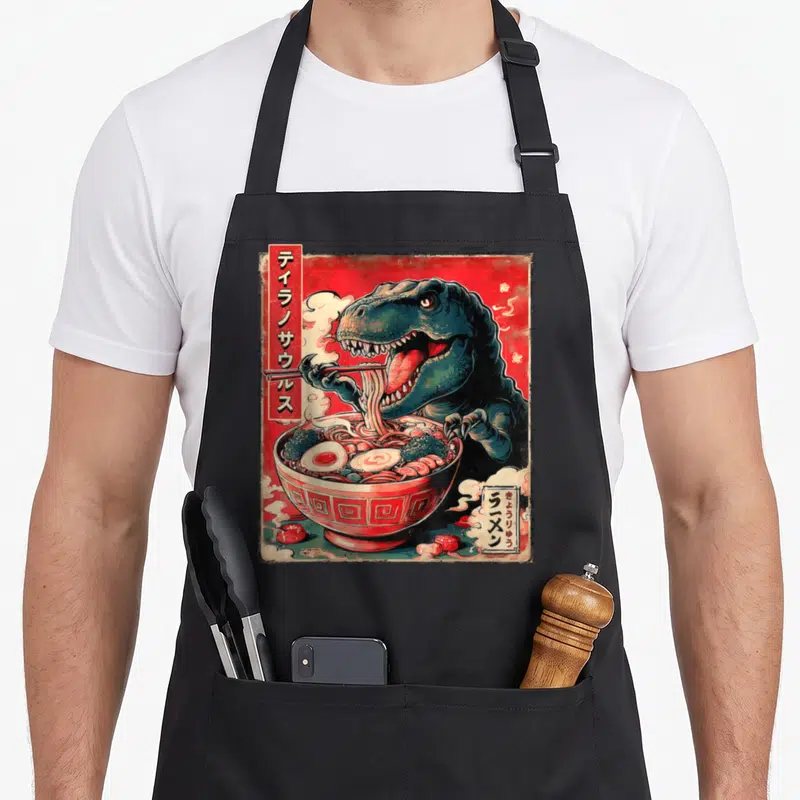 Tablier de cuisine noir avec illustration d'un dinosaure Tyrannosaure Rex mangeant des nouilles ramen dans un bol traditionnel japonais.