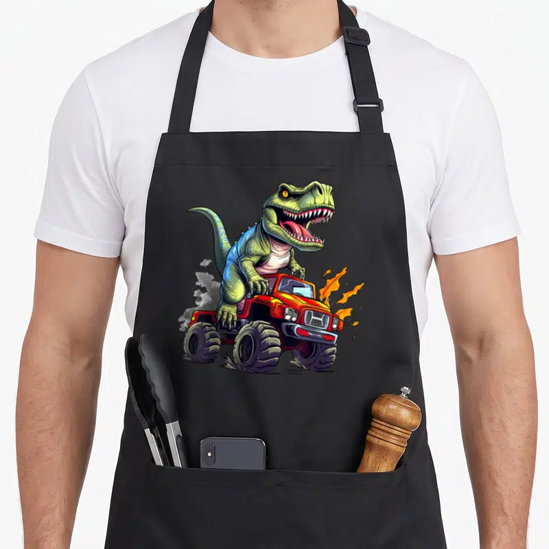 Tablier de cuisine noir avec un dinosaure vert sur une Monster Truck rouge tirant des flammes.