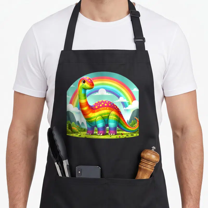 Tablier de cuisine noir avec illustration d'un Brachiosaure aux couleurs de l'arc-en-ciel devant un arc lumineux.