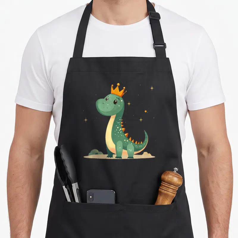 Tablier de cuisine noir avec dinosaure vert portant une couronne dorée et des étoiles scintillantes.