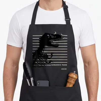 Tablier de cuisine noir avec silhouette T-Rex et lignes blanches évoquant une clôture brisée