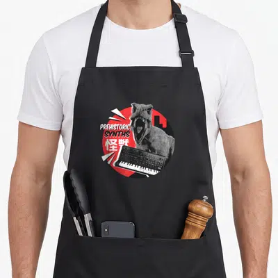 Tablier de cuisine noir avec illustration circulaire rouge d'un dinosaure jouant d'un clavier synthé.